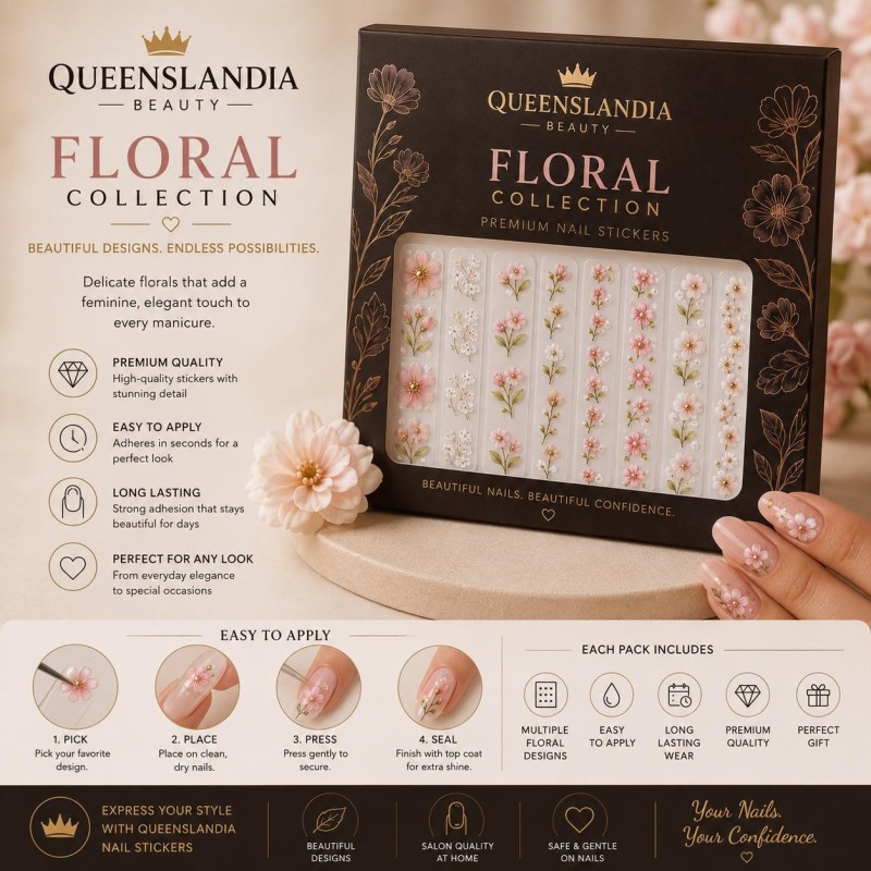 Queenslandia Floral Collection | Premium Floral Nail Stickers.