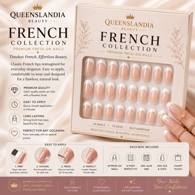 Queenslandia French Collection Premium Press-On Nails | 24-Piece Luxury Nail Kit.