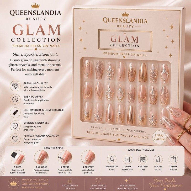 Queenslandia Glam Collection | Premium 24-Piece Press-On Nails.