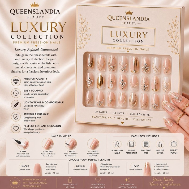Queenslandia Luxury Collection | Premium 24-Piece Press-On Nails.