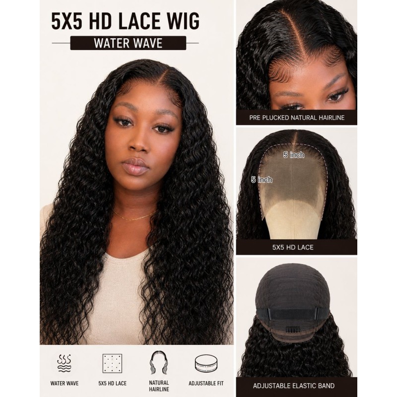 HD 5*5 Water  Wave  Wig, Double Drawn  200%  Density