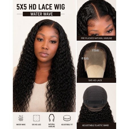 HD 5*5 Water  Wave  Wig, Double Drawn  200%  Density
