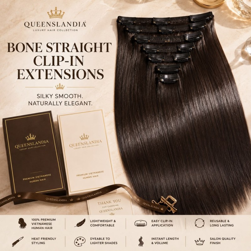 Queenslandia Bone Straight Clip in Extensions| Premium Vietnamese Human Hair