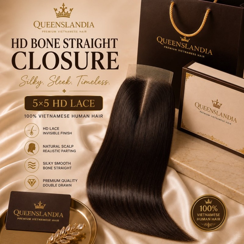 Queenslandia HD Bone Straight Closure | 5×5 HD Lace Vietnamese Human Hair