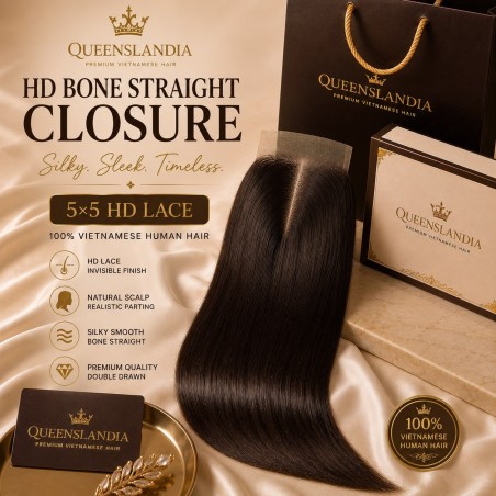 Queenslandia HD Bone Straight Closure | 5×5 HD Lace Vietnamese Human Hair
