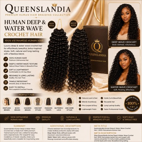 Deep & Water Wave Crochet Hair | Premium Human Hair Crochet Extensions | Queenslandia