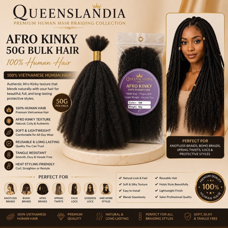 Afro Kinky 50g Human Hair | Premium Textured Braiding Hair | Queenslandia